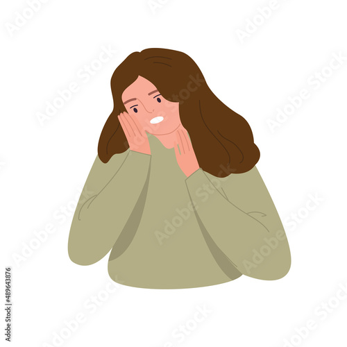 Disgruntled gesticulating young woman looks surprised. The emotional female character is shocked. Expression of discontent. Cartoon vector flat illustration on an isolated white background.