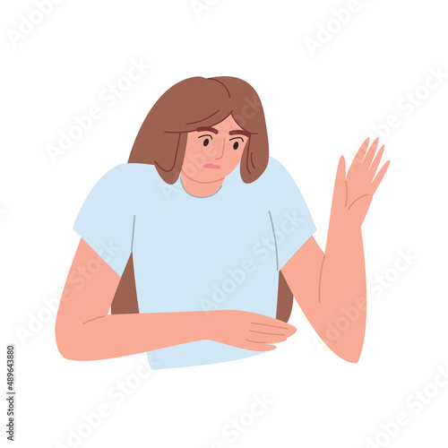 Disgruntled gesticulating young woman looks surprised. The emotional female character is shocked. Expression of discontent. Cartoon vector flat illustration on an isolated white background.