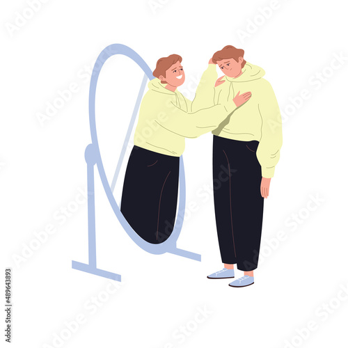 The young man supports himself. Positive perception of failures in life. The guy looks in the mirror. Positive affirmations. Psychological support. Cartoon illustration on an isolated white background