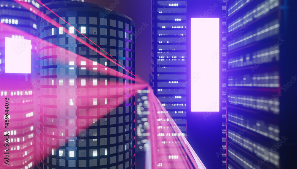 High dark building with pink light and led screen. 3D illustration rendering.