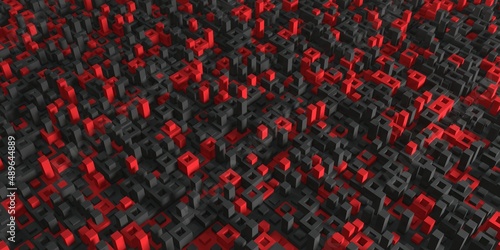 Structure of rectangles of different heights. Abstract geometric isometric background in black and red colors. 3D render