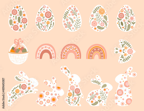 Set easter eggs and rabbits in pastel colors. Illustrations with spring flowers, rainbow, bunny and lettering Happy Easter. Silhouettes rabbits with floral and abstract patterns Vector