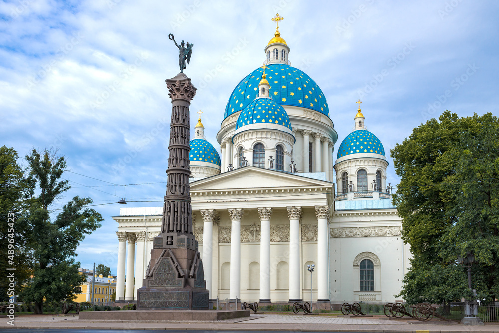 Column of Glory and Cathedral of the Holy Life-Giving Trinity on a cloudy August day. Saint Petersburg