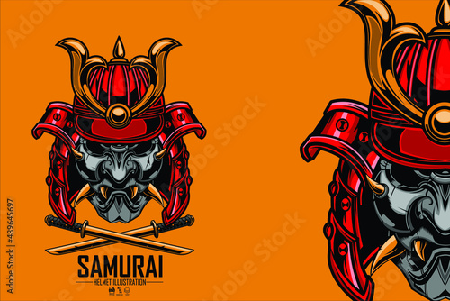 SAMURAI HELMET ILLUSTRATION 1 WITH A YELLOW BACKGROUND