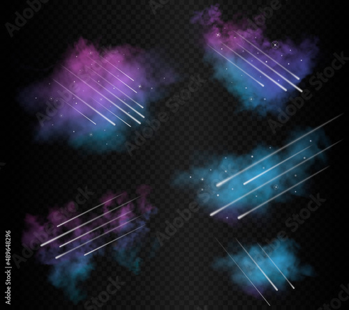 Set of meteoritfall realistic effects. Falling meteors and meteorites with far shining stars inside space mist clouds isolated on dark transparent background. Vector illustration.