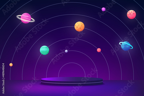 Scene podium with different planets of space. Futuristic concept virtual reality on background of planets.