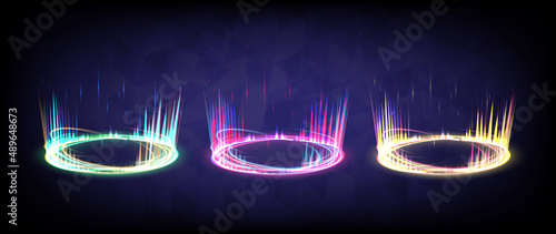 Sci-fi high-technology stage collection in glowing HUD. Hologram portal swirl light of science futuristic. Magic warp gate in game fantasy. Circle teleport podium. Neon virtual reality users