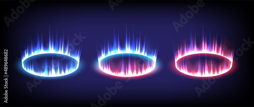 Sci-fi high-technology stage collection in glowing HUD. Hologram portal swirl light of science futuristic. Magic warp gate in game fantasy. Neon circle teleport podium. GUI, UI virtual reality users