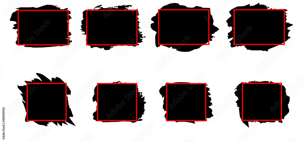 Grunge backgrounds set. Brush black paint ink stroke over square frame. Vector illustration