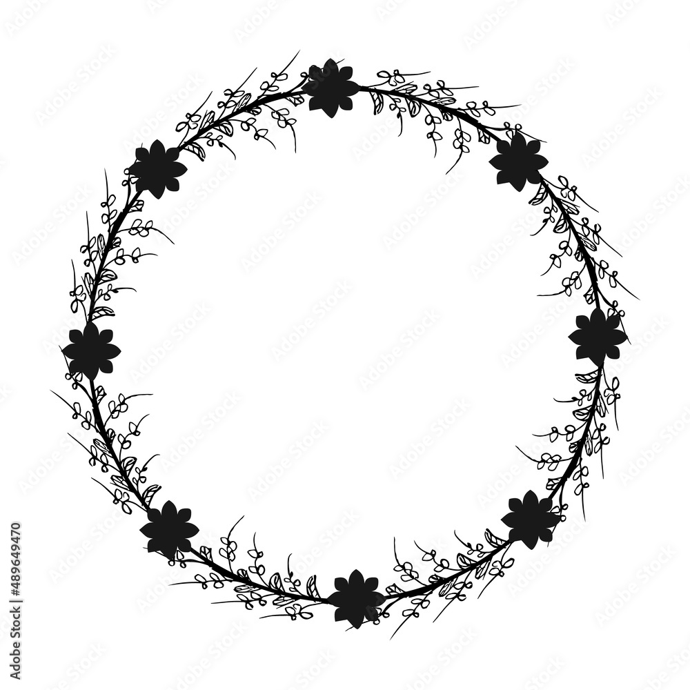 Silhouette circle of leaves. Doodle style. hand drawn spring wreath