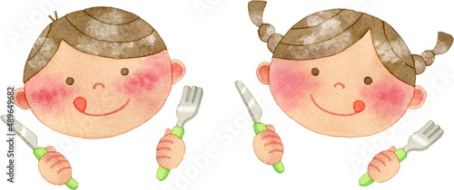ナイフとフォークを手に持つ子供たちのイラスト