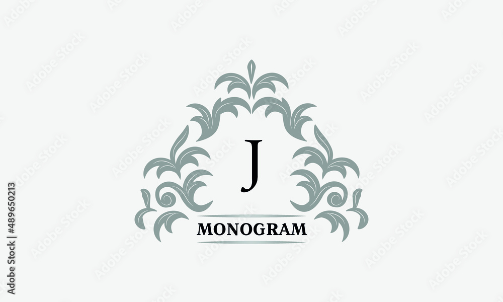 Obraz premium Monogram J. Luxurious floral logo with calligraphic elegant ornament lines. Business sign, identity for restaurant, boutique, cafe, hotel, heraldic, fashion and other vector illustrations