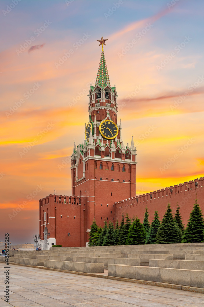 Spasskaya tower of Moscow Kremlin at sunset, Russia