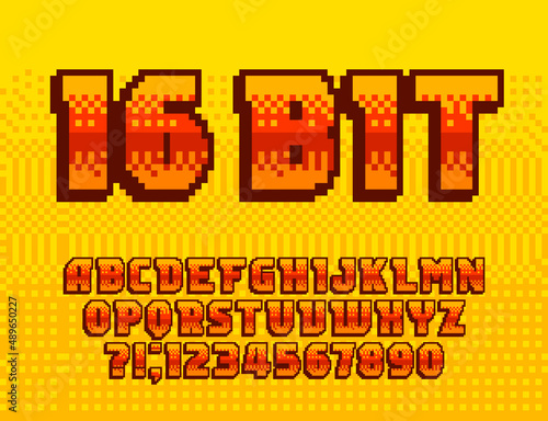 16 Bit alphabet font. Pixel letters and numbers. 80s arcade video game typeface.
