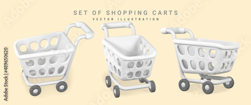 3d empty white shopping carts on light background. Shopping concept. Vector illustration