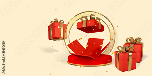 Stage for product on cylinder podium. Open realistic Gift Box with bow and ribbon. Surprise inside. Vector illustration