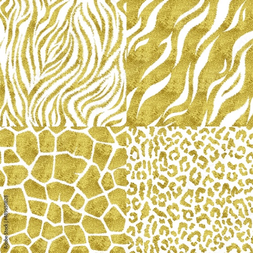 Set of seamless patterns with animal prints. Gold vector illustration