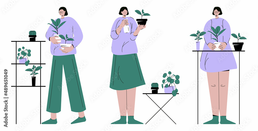 Woman takes care of house plants. The concept of gardening hobbies and gardening, household chores. Set of vector illustrations isolated on white background Woman takes care of house plants. The concept of gardening hobbies and gardening, household chores. Set of vector illustrations isolated on white background