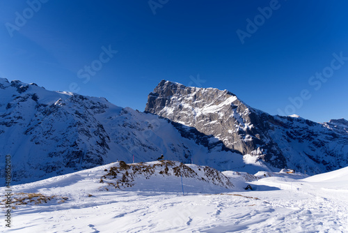 Famous Mount Titlis 3 238 meters above sea level at ski resort Engelberg in the Swiss Alps on a sunny winter day. Photo taken February 9th  2022  Engelberg  Switzerland.