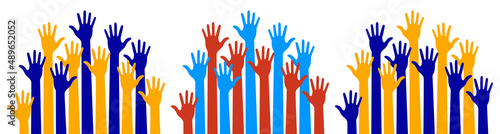 Bright colorful caring up hands set. Logo design element. Volunteers hands up emblem icon for education, health care, medical, volunteer, vote. Vector illustration