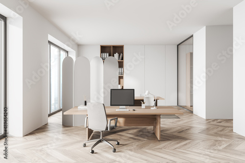 Light workplace interior with chairs and table  shelf and window