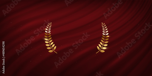 Award nomination emblem, gold laurel wreath with red curtain background. Movie award ceremony opening, celebration event, announcement vector illustration. Film theatre scene.