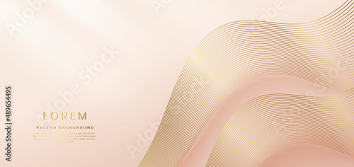 Abstract gold curved lines elegant on pastel soft pink background with copy space for text. Luxury 3d concept.