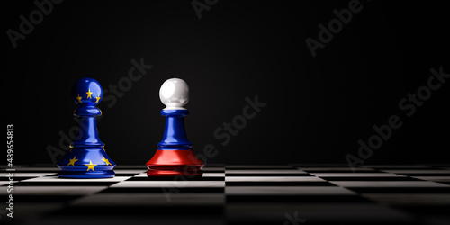 Russia flag and European Union flag print screen pawn on chess board for alliance both business economy and War concept by 3d render.