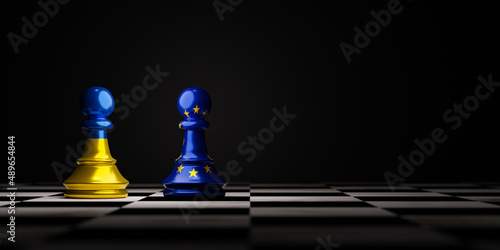 Ukraine flag and European Union flag print screen pawn on chess board for alliance both business economy and War concept by 3d render.