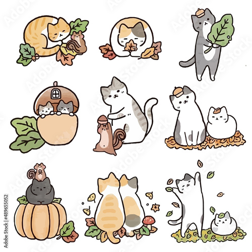 Cute Cat Various Behaviors Animal Drawing Collection, Cat Outline HandDrawn, Assorted Cat Vector Flat icons Watercolor, Cat illustrations icon Set.