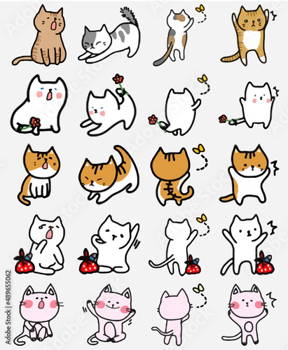 Cute Cat Various Behaviors Animal Drawing Collection, Cat Outline HandDrawn, Assorted Cat Vector Flat icons Watercolor, Cat illustrations icon Set.