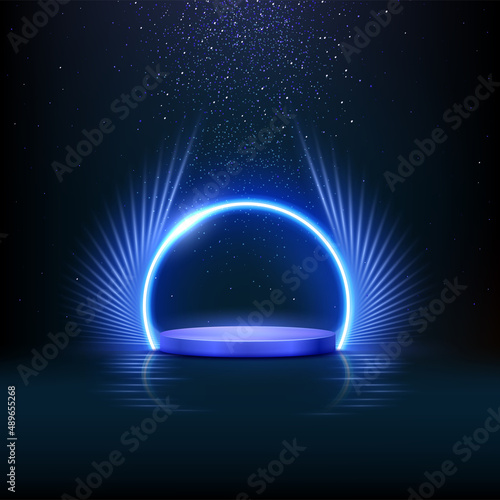 Blue shiny podium for product presentation vector illustration. Abstract empty award platform with neon glowing round frame and rays, glitter confetti sparkle rain falling from above background.