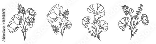 Set of different flower line  botanical floral drawing on white background.