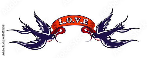 Swallows and Banner with Wording Love Tattoo