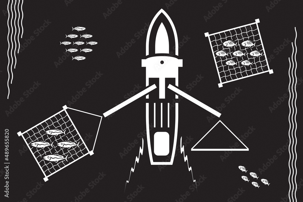 Fishing boat takes baskets of fish in the sea – vector illustration Fishing boat takes baskets of fish in the sea – vector illustration