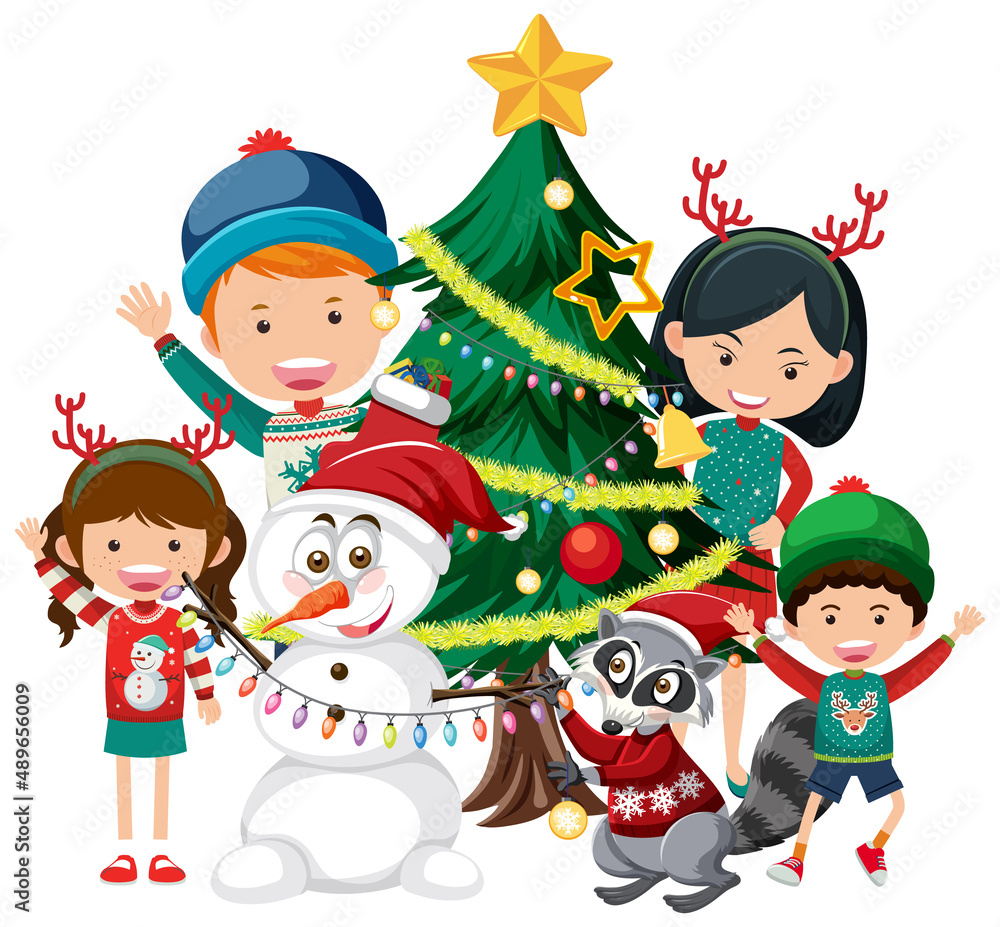 Happy family in Christmas theme with a snowman