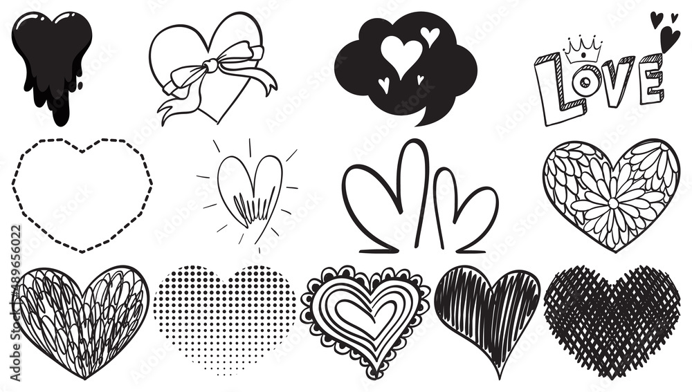 Fototapeta premium Black hand drawn hearts set