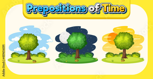 Prepostion wordcard design with different time of day photo