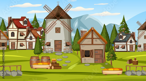 Medieval town scene with villagers photo