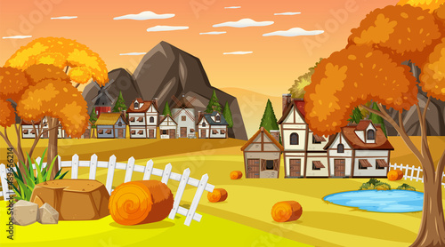 Medieval town scene with villagers