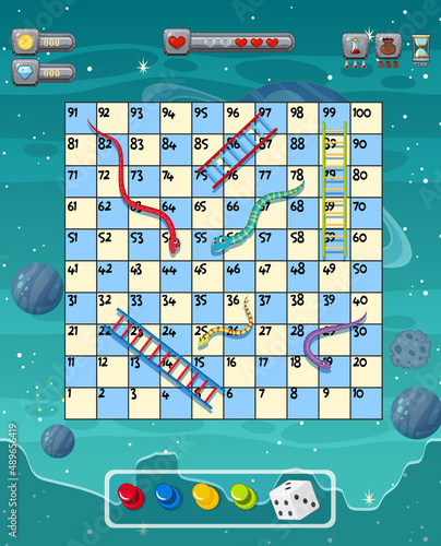 A snake ladder game template on space background