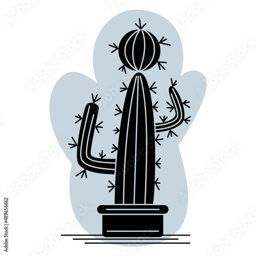 Cactus, succulent in a pot for home and office. A plant with lateral appendages and a round top. Vector icon, glyph, silhouette, abstract gray background, isolated