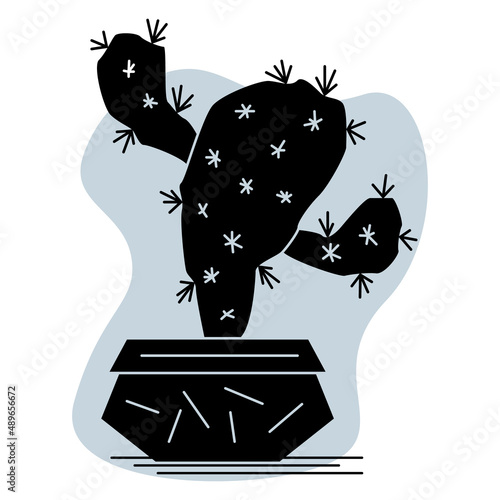 Cactus, succulent in a pot for home and office. A plant with lateral flat appendages, spines and thorns. Vector icon, glyph, silhouette, abstract gray background, isolated