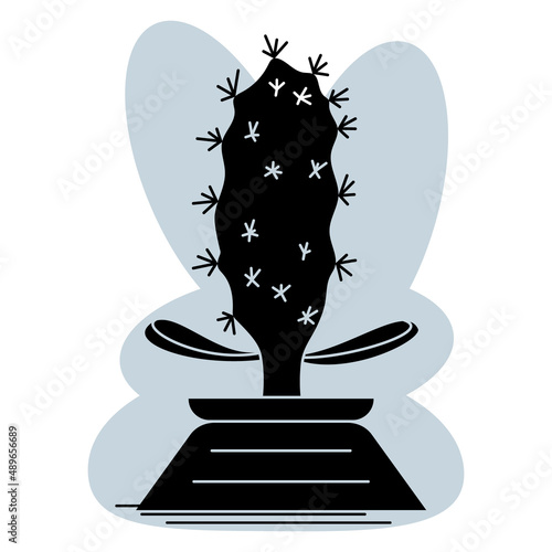 Cactus, succulent in a pot for home and office. A houseplant with spikes and thorns. Vector icon, glyph, silhouette, abstract gray background, isolated