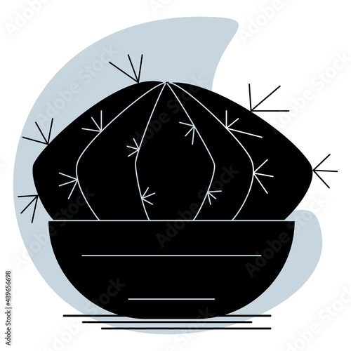 Cactus, succulent in a pot for home and office. A semi-circular houseplant with thorns. Vector icon, glyph, silhouette, abstract gray background, isolated