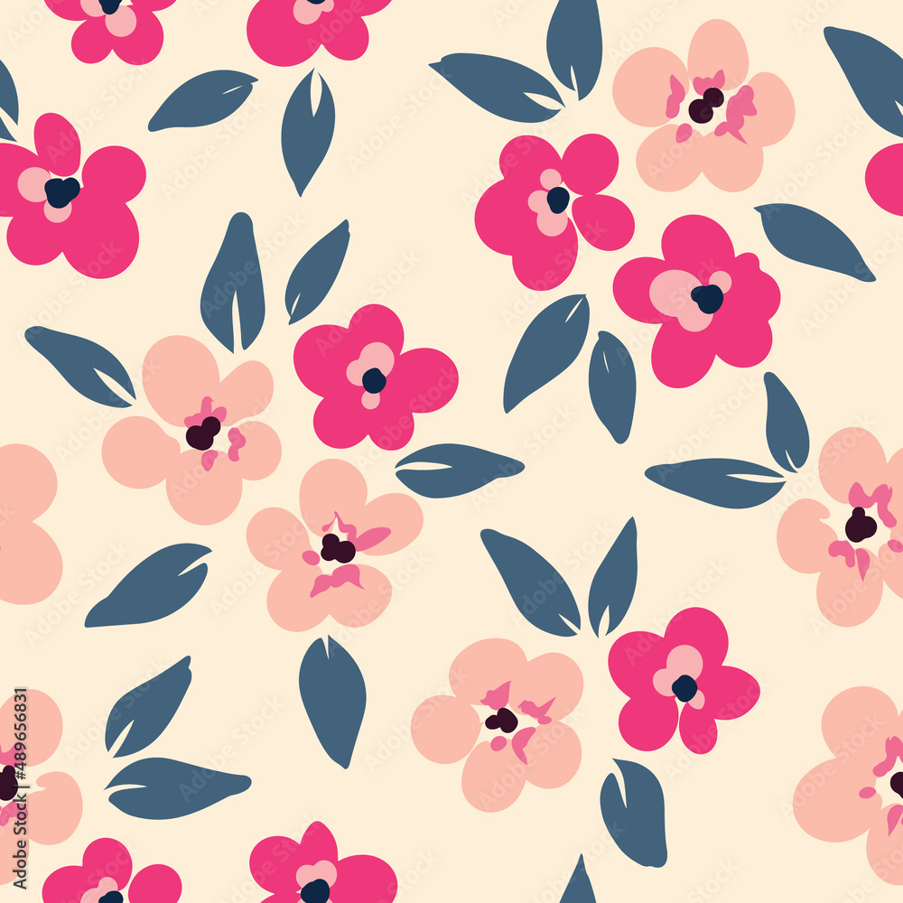 Seamless pattern with simple small flowers, leaves. Delicate floral print with hand-drawn pink flowers, leaves in small bouquets. Modern design of floral background, surface. Vector illustration.