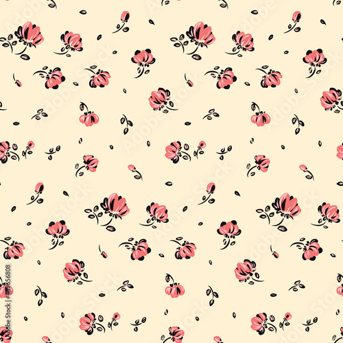 Seamless pattern with small red flowers, ink leaves, twigs. Liberty floral print, romantic botanical background with tiny hand drawn plants. Vector illustration.