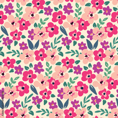 Wallpaper Mural Seamless pattern, spring floral print with small pink flowers, various leaves, herbs. Cute botanical background with hand drawn plants. Modern surface with flora. Vector. Torontodigital.ca