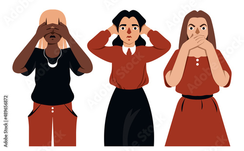 Isolated image of three female characters illustrating the saying: see no evil, hear no evil, speak no evil. Woman with closed eyes, ears and mouth on a white background. Vector illustration.