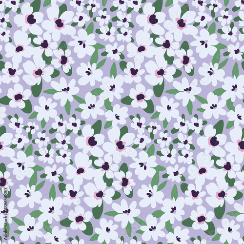 Seamless pattern with liberty floral composition. Artistic spring print with white flowers, leaves on a lilac background. Botanical surface with hand drawn small plants. Vector.